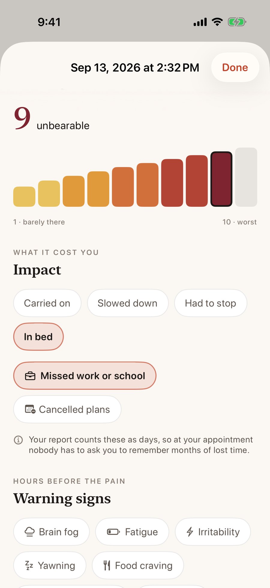 Impact on an attack record: carried on, slowed down, had to stop, in bed, missed work or school, cancelled plans.