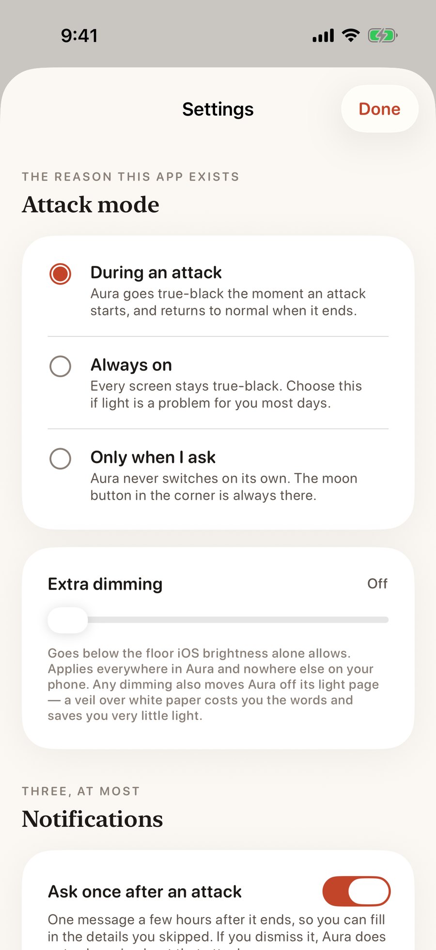 Settings: attack mode during an attack, always on, or only when asked; extra dimming; notifications.